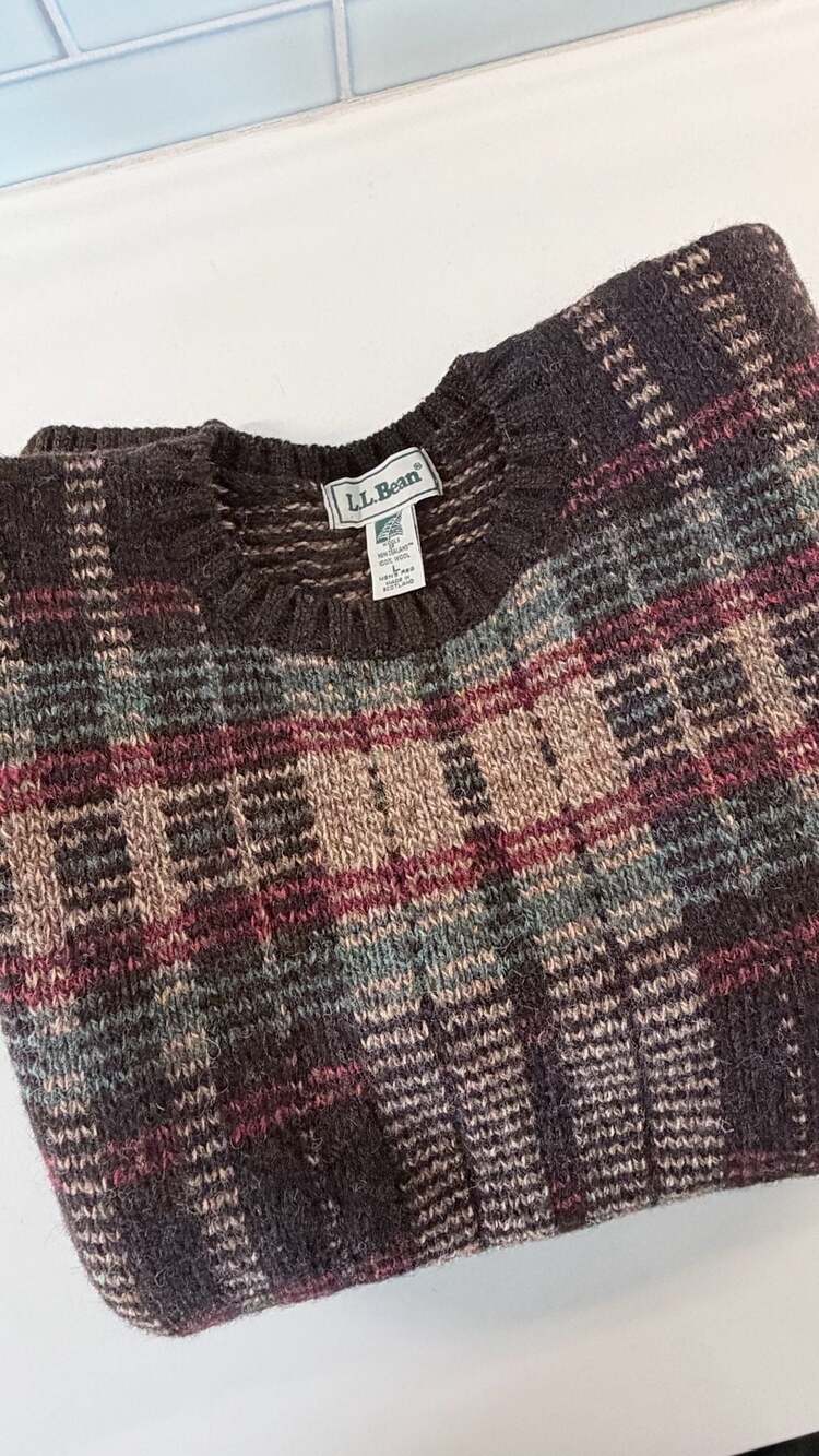 LL Bean Wool Plaid Sweater Size L Brown Multicolor 100% Wool